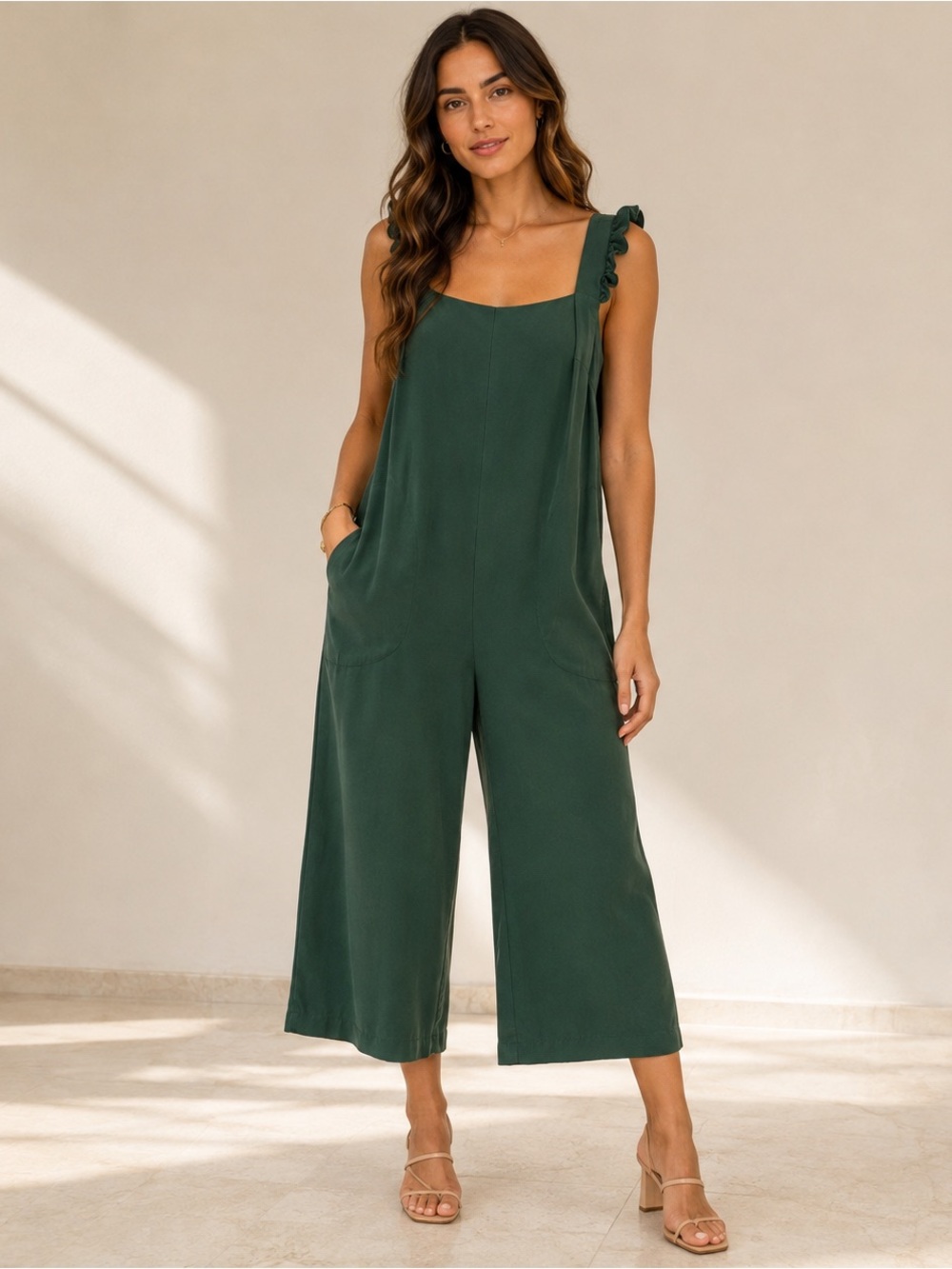 BCBG Generation Green Ruffle Strap Wide Leg Jumpsuit Romper XS